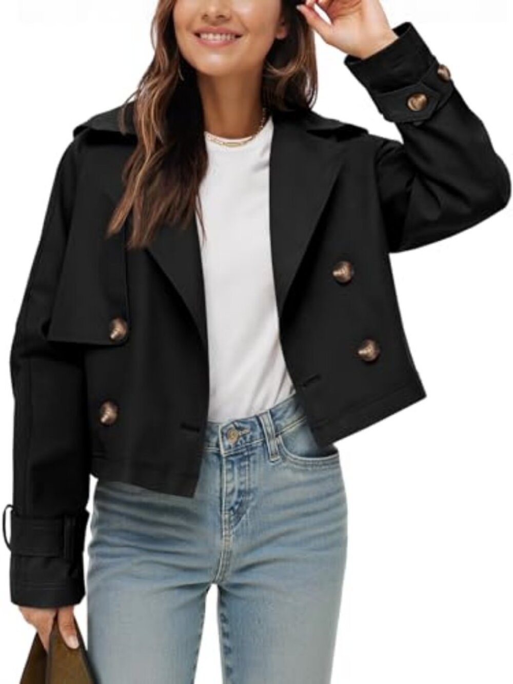 Tankaneo Womens Cropped Trench Coat Lapel Double Short Jacket Outwear Oversized